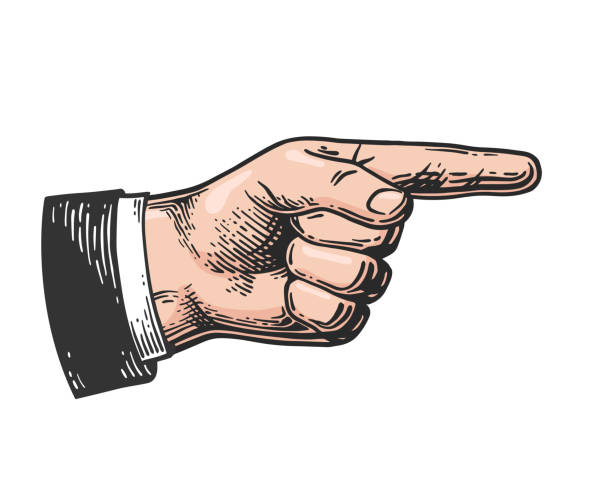 Pointing finger. Vector vintage engraved illustration isolated on a white background. Hand gesture for web, poster, info graphic