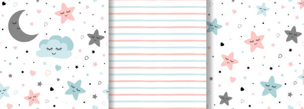 Set of baby patterns on light pink blue colors Girl boy Stars moon seamless background vector art illustration