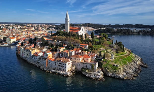 Aerial view of old town Rovinj,. Istria, Croatia. High up view of Rovinj, Istria, Croatia. rovinj harbor stock pictures, royalty-free photos & images