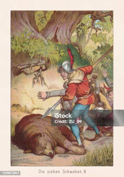 The Seven Swabians Find A Dead Bear Chromolithograph Published 1888 Stock Illustration - Download Image Now