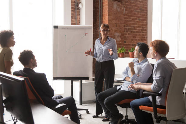 istock Middle-aged coach mentor gives flip chart presentation training sales team 1139873800