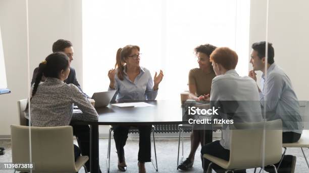 Middleaged Businesswoman Speaking At Diverse Group Negotiations At Conference Table Stock Photo - Download Image Now
