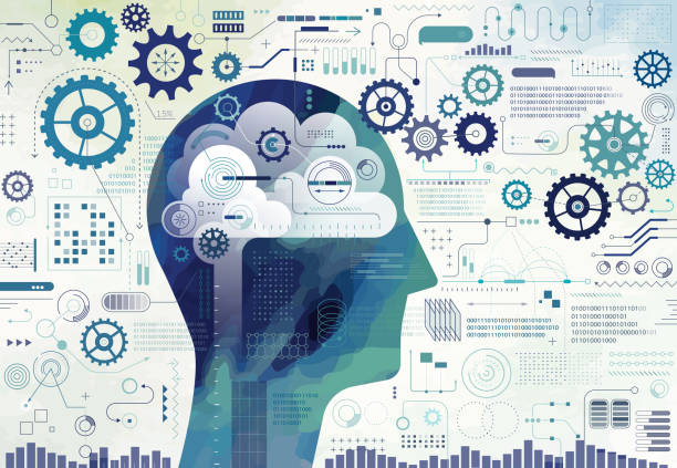 ilustrações, clipart, desenhos animados e ícones de conceito azul da inteligência artificial - art brain contemplation cyborg