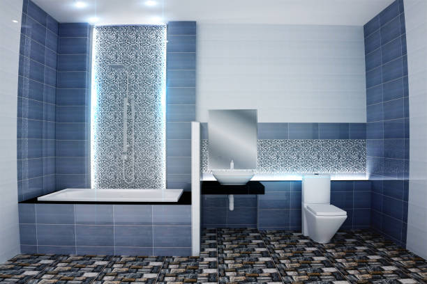 istock Bright bathroom Design tiles blue modern style. 3D rendering 1139874443