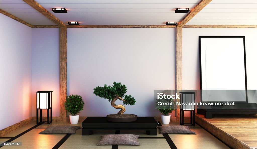 Wizard plek Anesthesie Japanese Living Room With Lamp Frame Black Low Table And Bonsai In Room  White Wall On Floor Tatami Mat 3d Rendering Stock Photo - Download Image  Now - iStock