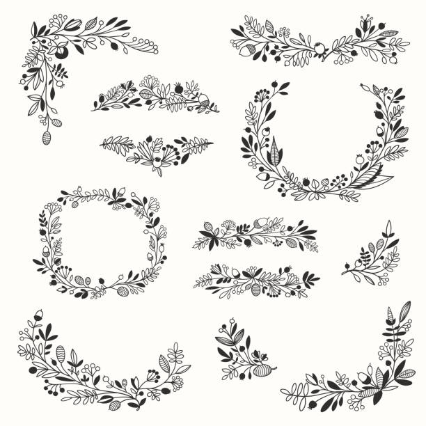 floral doodle decor set - flourishes corner flower floral pattern stock-grafiken, -clipart, -cartoons und -symbole