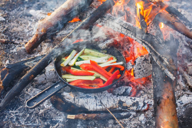 istock Cooking dishes from red bell peppers and cucumbers in a pan on a fire 1139875587