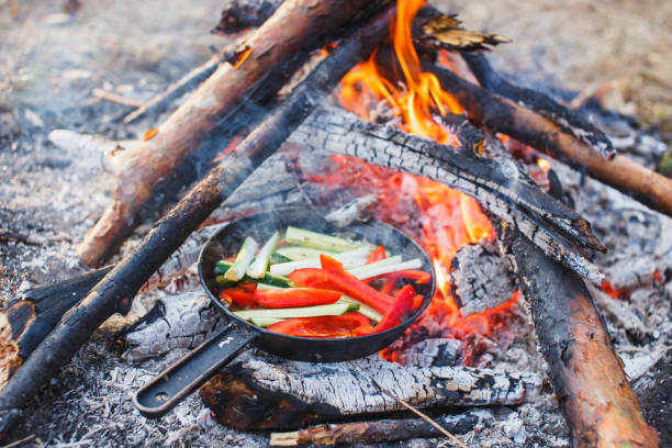 istock Cooking dishes from red bell peppers and cucumbers in a pan on a fire 1139875607