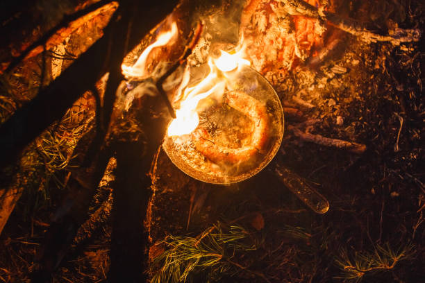 istock Adding sausages in a pan on a fire in the night forest 1139875717