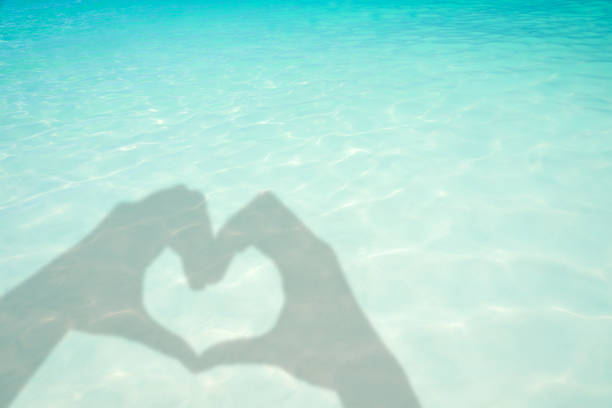 Shadows of hands forming a heart on turquoise translucent water ocean background