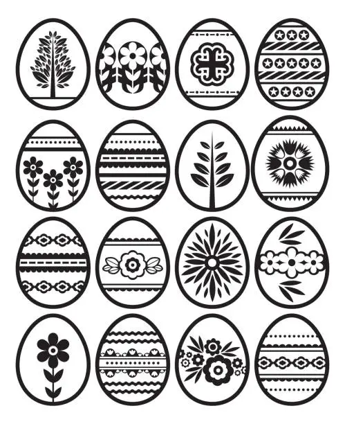 Vector illustration of Silhouettes of black easter eggs isolated on white background. Holiday Easter Eggs decorated with flowers and leafs. Print design, label, sticker, scrap booking, stamp, vector illustration