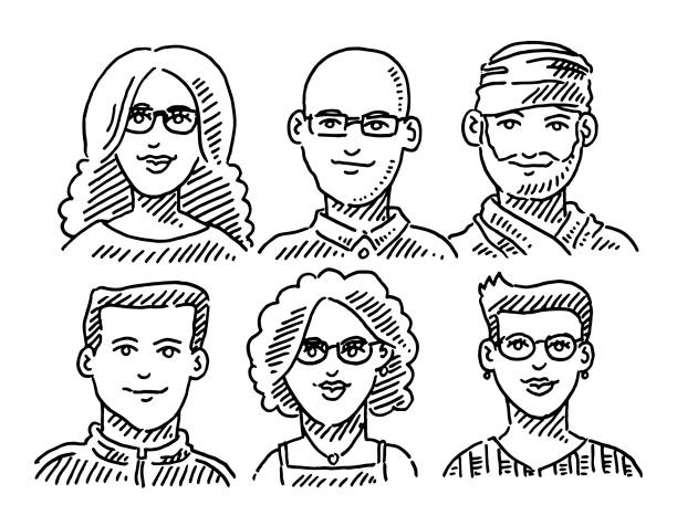 Group Of People Portraits Diversity Concept Drawing Hand-drawn vector drawing of a Group Of People Portraits Diversity Concept. Black-and-White sketch on a transparent background (.eps-file). Included files are EPS (v10) and Hi-Res JPG. black and white eyeglasses clip art stock illustrations