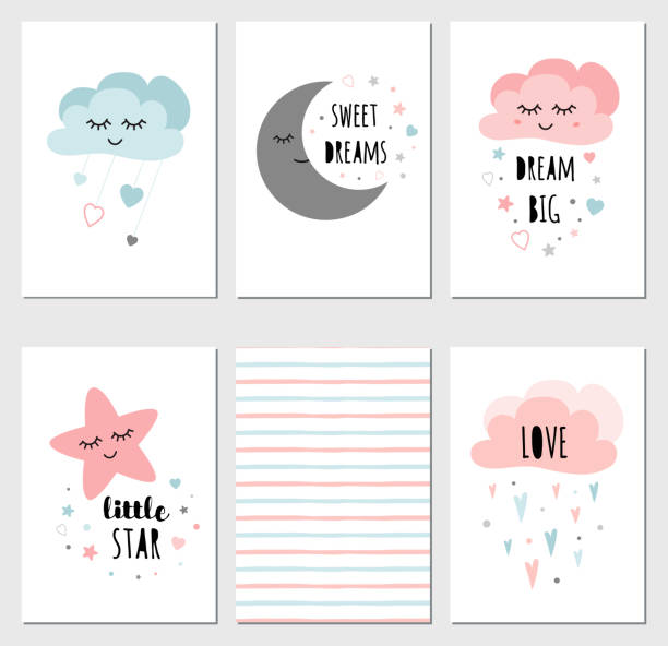 Vector sleepy moon star cloud cards kids designs Childish style pink color Phrases vector art illustration