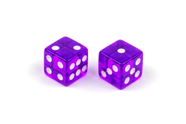 istock Two purple glass dice isolated on white background. Two and one. 1139877643
