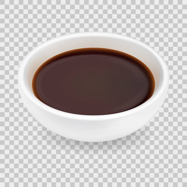 Realistic soy sauce in a bowl Realistic soy sauce in a white bowl. 3d vector illustration of balsamic vinegar isolated on transparent background. Dressing in round ramekin. Side view gravy stock illustrations