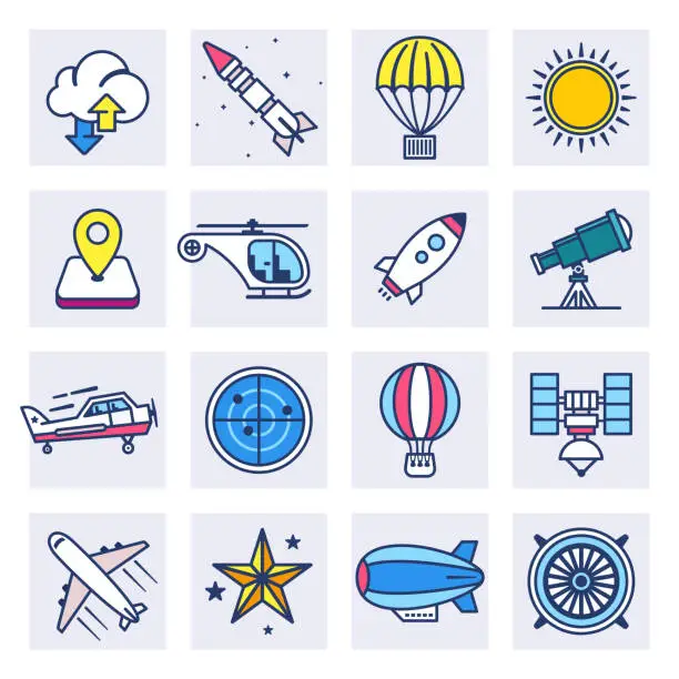 Vector illustration of Flight Training Services Flat Line Style Vector Icon Set