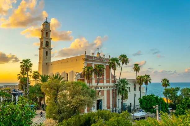 Saint Peter church viewed from HaPisgah gardens in Jaffa, Tel Aviv, Israel