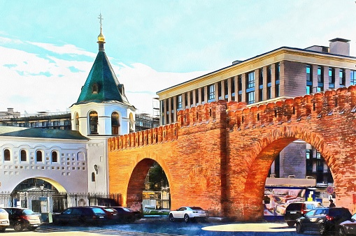 The bell tower of the Fedorovsky Cathedral with a fortress wall in St. Petersburg in Russia. Digital watercolor painting.