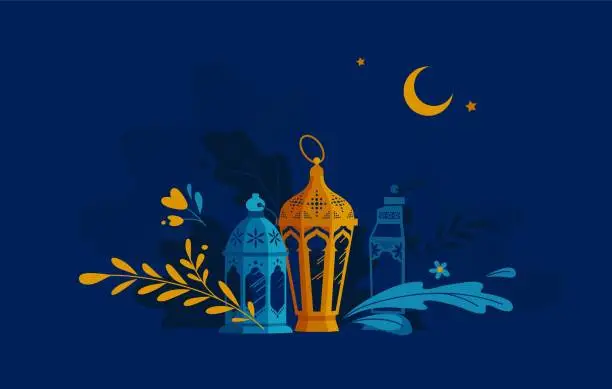 Vector illustration of Hand Drawn Illustration of Ramadan Lanterns with Floral Elements on Dark Blue Background.