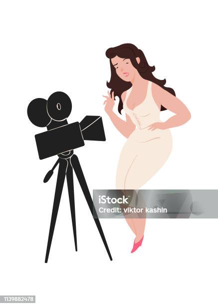 Actress Beautiful Girl In White Fitting Dress With A Brown Hair Smiles Poses On The Video Camera Character Illustration Isolated On White Background People Vector Illustration In Flat Style Stock Illustration - Download Image Now