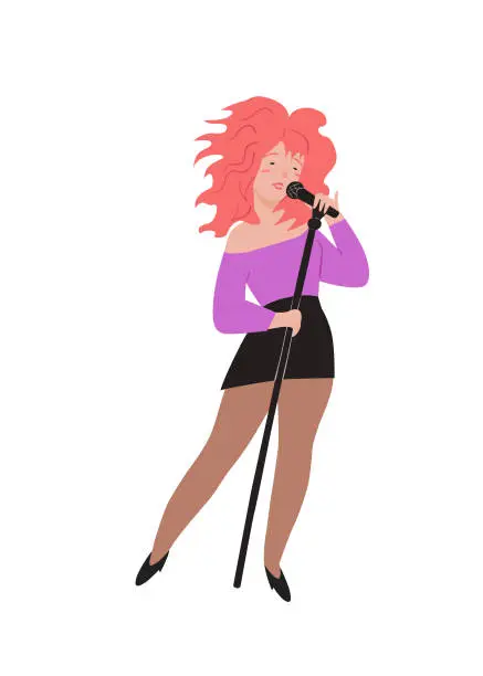 Vector illustration of Singer. Girl holds the microphone and sings. Lilac jacket, black miniskirt, scarlet hair. Expressional woman. Character illustration isolated on white background. People vector illustration in flat.