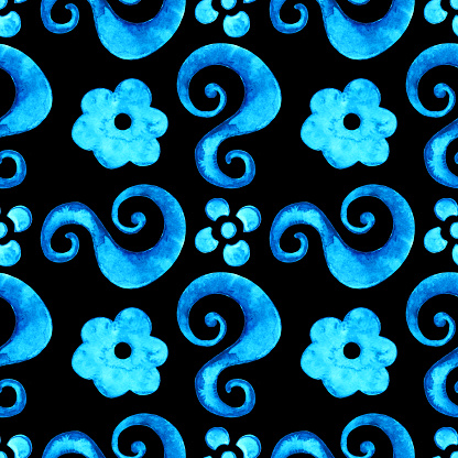 Watercolor floral seamless pattern blue flowers, swirling shapes on black background. Hand painting on paper