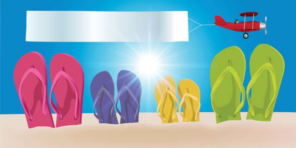 ilustrações de stock, clip art, desenhos animados e ícones de concept of the holiday with the flip flops of a family planted in the sand and an airplane pulling a banner. - child women outdoors mother