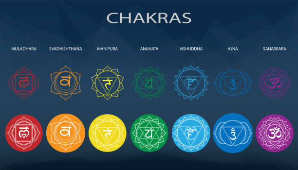 illustrazioni stock, clip art, cartoni animati e icone di tendenza di set chakras: muladhara, swadhisthana, manipura, anahata, vishuddha, ajna, sahasrara. simbolo della linea vettoriale. segno uomo su sfondo nero. eps 10 illustrazione vettoriale - om symbol