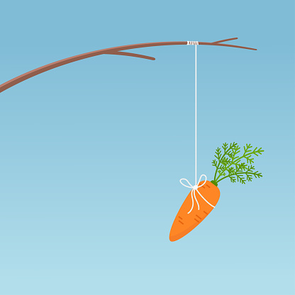 Fishing stick with hanging carrot, motivation concept. Vector illustration on blue background