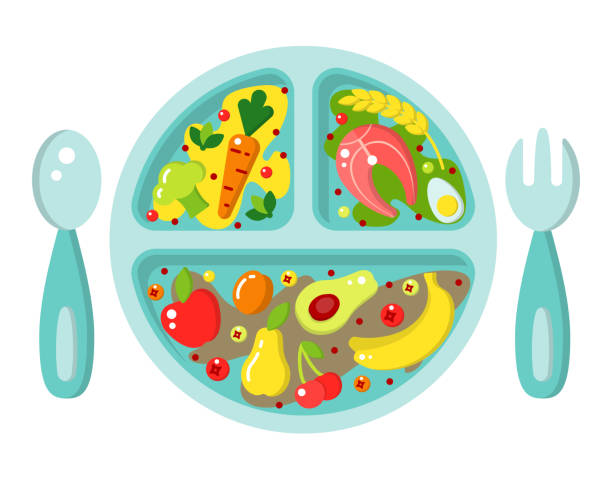 illustrations, cliparts, dessins animés et icônes de assiette de nourriture de chéri dans le modèle plat lumineux - baby food