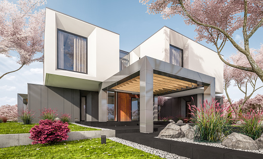 3d Rendering Of Modern House With Garden In Spring Stock Photo - Download  Image Now - Architecture, Beauty, Blossom - iStock