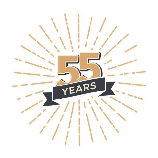 Fifty five anniversary retro vector emblem isolated template Vintage icon fifty-fifth 55th years with ribbon and fireworks on white background