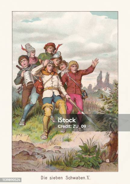 The Seven Swabians Are Afraid Of A Hare Chromolithograph 1888 Stock Illustration - Download Image Now