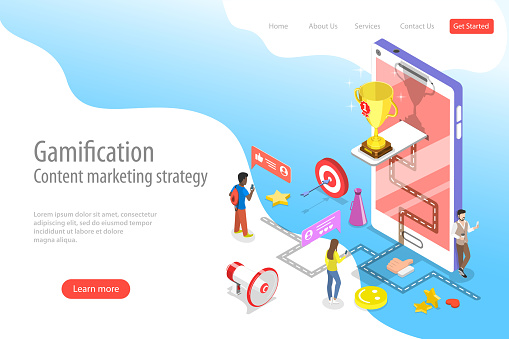 Isometric flat vector landing pate template of gamification, interactive content, customer engagement.