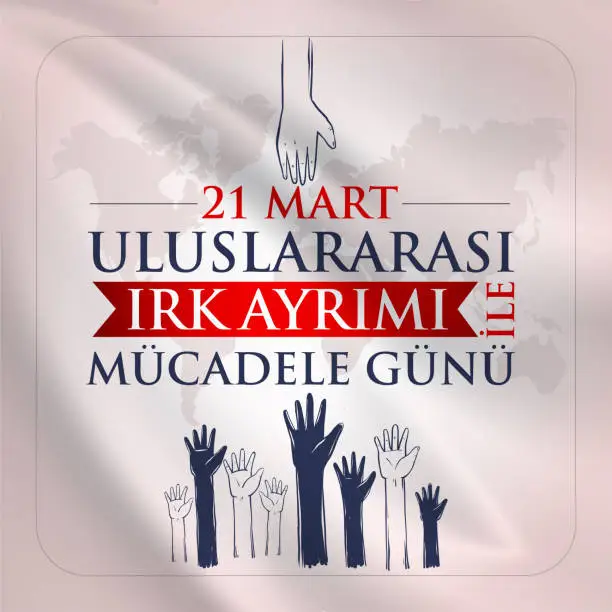 Vector illustration of 21 March, International Day for the Elimination of Racial Discrimination. Uluslararası Irk Ayrımı ile Mücadele Günü, 21 Mart kutlaması. 1960 Güney Afrika, Sharpeville South Africa. greeting card