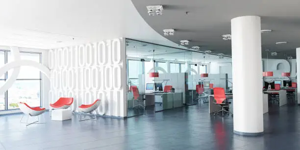 Very realistic 3D rendering of a modern corporate office in white, glass and red