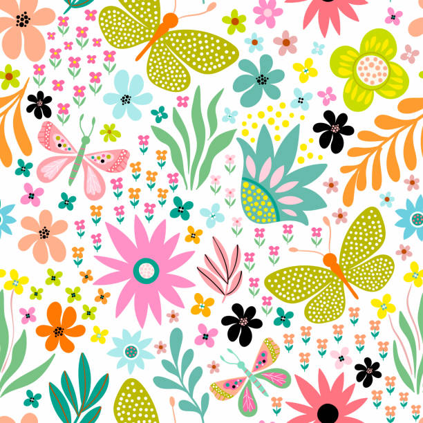 illustrations, cliparts, dessins animés et icônes de motif transparent décoratif avec des fleurs, des plantes et des papillons - butterfly backgrounds seamless pattern