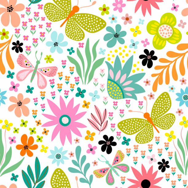 꽃, 식물과 나비 장식 완벽 한 패턴 - butterfly backgrounds seamless pattern stock illustrations
