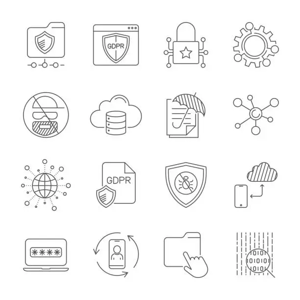 Vector illustration of GDPR and Privacy Policy, Digital Protection, Security Technology, simple icons set. Editable Stroke. EPS 10