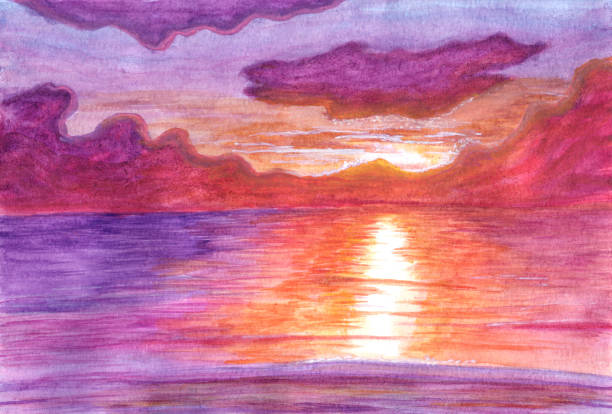 istock orange-purple sunset in ocean drawn in gouache 1139893423
