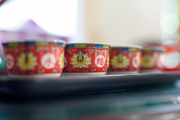 Traditional tea set with Chinese character for wedding ceremony