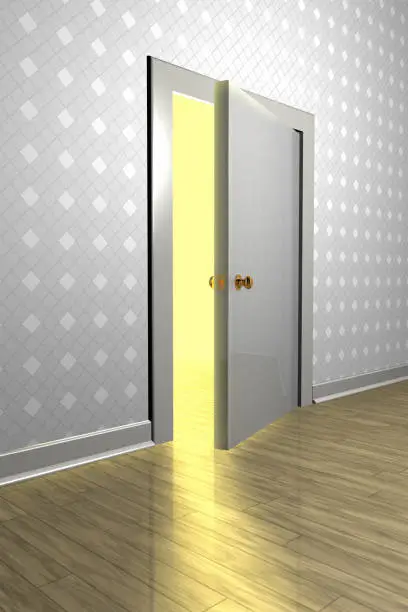 3D rendering of a strong light coming out through a semi open door