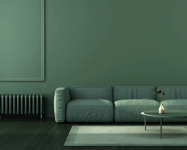 The monochrome green interior of living room with a large sofa, a coffee table and a vintage radiator nearby / 3D illustration, 3d render
