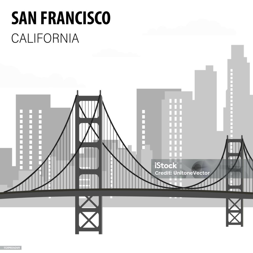 San Francisco Cityscape Monochrome Illustration San Francisco Cityscape Monochrome Illustration. Golden Gate Bridge Black and White Flat Drawing. Skyscrapers Silhouettes on Background. USA Architectural Landmark Vector Retro Travel Postcard Architecture stock vector