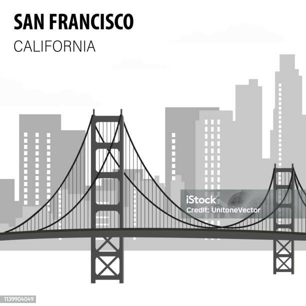 San Francisco Cityscape Monochrome Illustration Stock Illustration - Download Image Now - Architecture, Bay of Water, Bridge - Built Structure