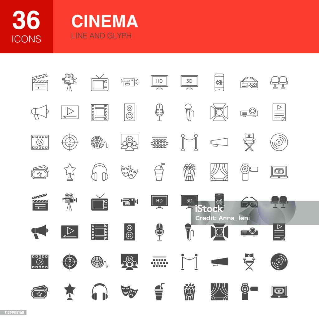 Cinema Line Web Glyph Icons Cinema Line Web Glyph Icons. Vector Illustration of Film Outline and Solid Symbols. Icon Symbol stock vector