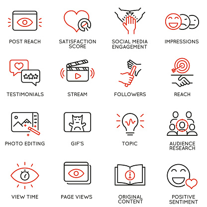 Vector set of linear icons related to  influence marketing and social media promotion services. Mono line pictograms and infographics design elements - part 2