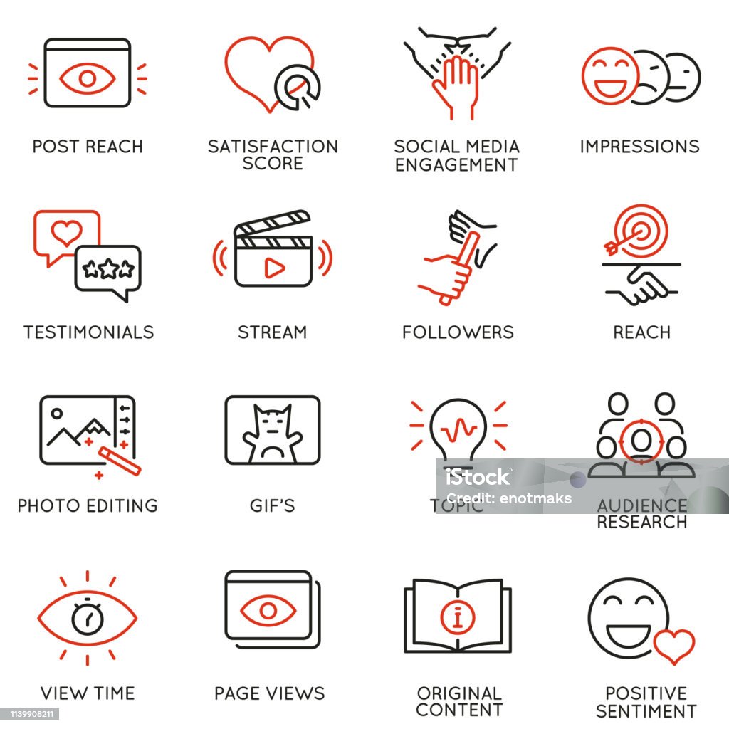 Vector set of linear icons related to  influence marketing and social media promotion services. Mono line pictograms and infographics design elements - part 2 Icon Symbol stock vector
