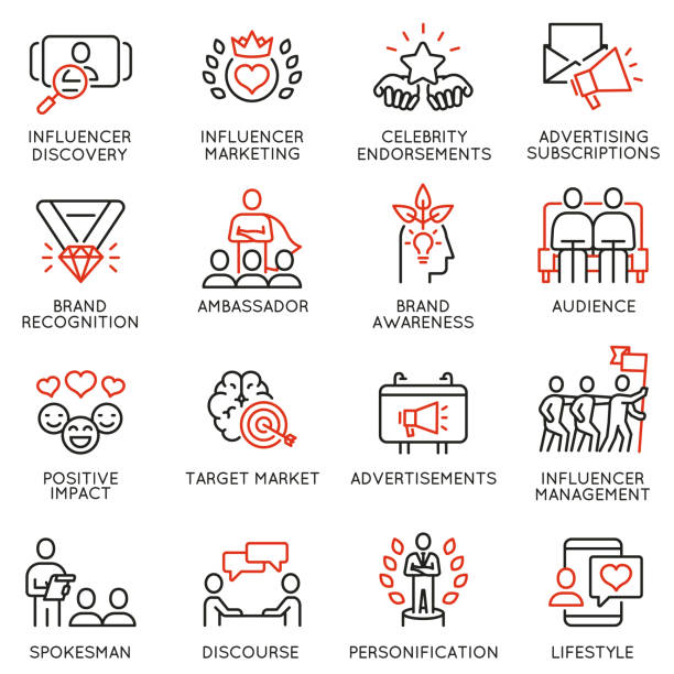 ilustrações de stock, clip art, desenhos animados e ícones de vector set of linear icons related to influence marketing and social media promotion services. mono line pictograms and infographics design elements - part 4 - ambassador