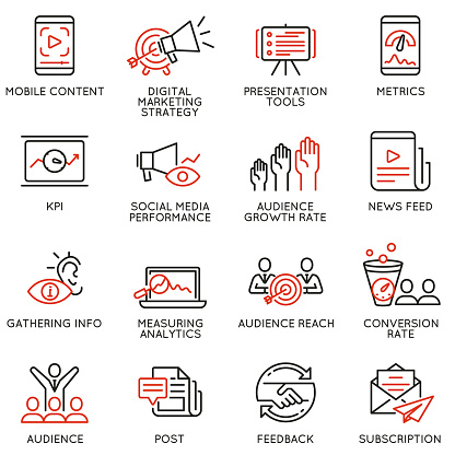 Vector set of linear icons related to  influence marketing and social media promotion services. Mono line pictograms and infographics design elements - part 1